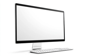 Fototapeta premium A sleek, blank monitor sits on a tidy workspace, featuring a clean white background. The contemporary setup highlights simplicity and style in any office or home environment
