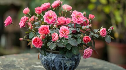 Obraz premium A gorgeous leafless rose plant with bright pink flowers covering its barks in a delicate porcelain pot 