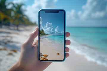 A hand holds an phone displaying a breathtaking beach view. The turquoise water meets the soft sand under a blue sky dotted with fluffy clouds on a sunny day