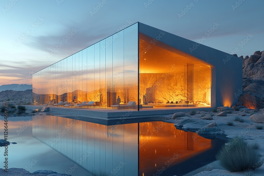 Poster an innovative glass structure stands against a breathtaking desert backdrop, with warm light emanati