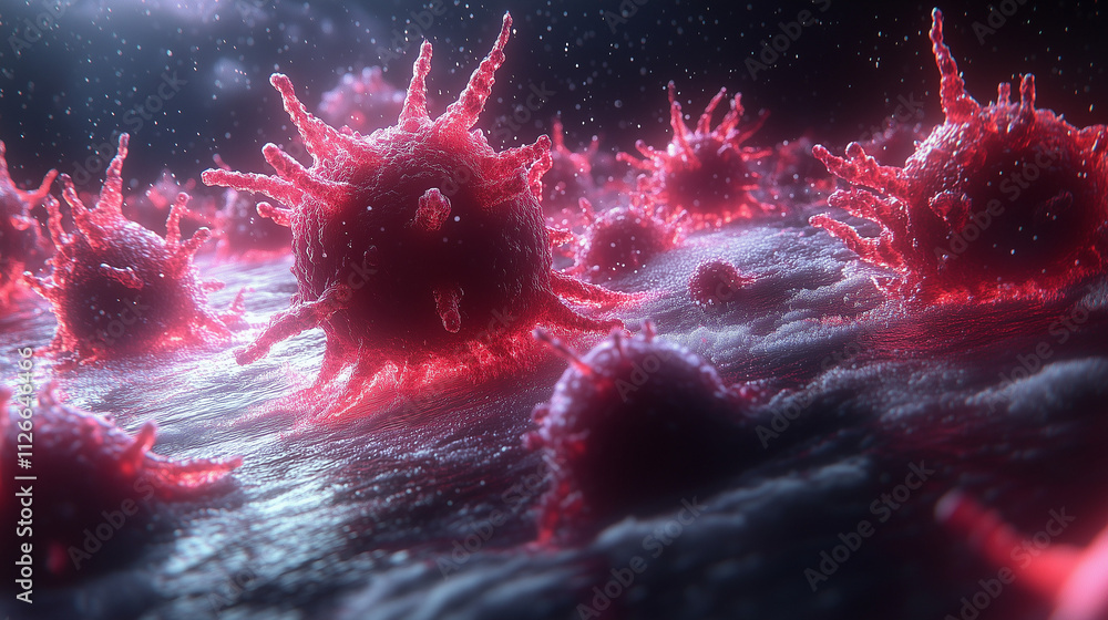 Poster microscopic battle: a dramatic 3d rendering of a virus invasion, showcasing the intricate details of