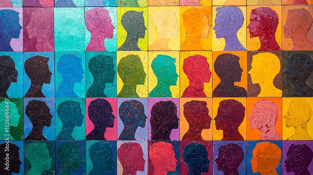 Poster colorful silhouettes symbolize unity in diversity and equality.