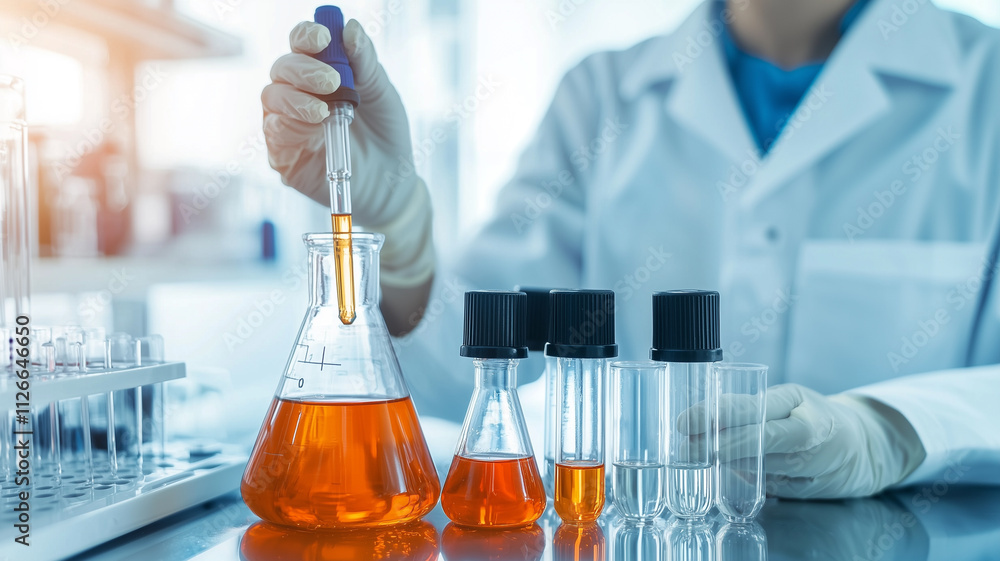 Poster close up of researcher in laboratory wearing white coat and gloves, using pipette to transfer liquid
