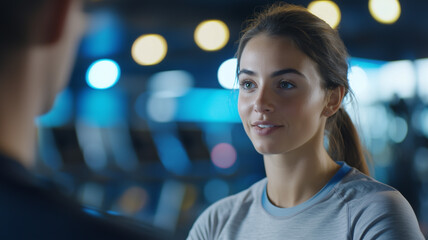 Close up of woman in gym setting, engaging in conversation with personal trainer, with focused and friendly expression, surrounded by blurred gym equipment and lights
