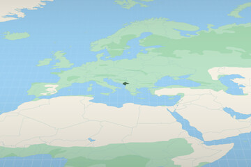 Montenegro highlighted on a detailed map, geographic location of Montenegro.