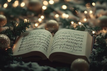 open music book with festive decorations and fairy lights