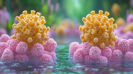 Coronavirus Cellular Interaction: Microscopic 3D rendering of two coronavirus particles interacting with pink cellular structures, set against a blurred green background.