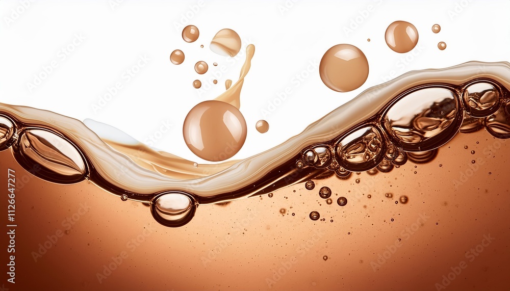 Poster brown cream coffee liquid swirl splash with foundation bubbles isolated on clear background - a capt