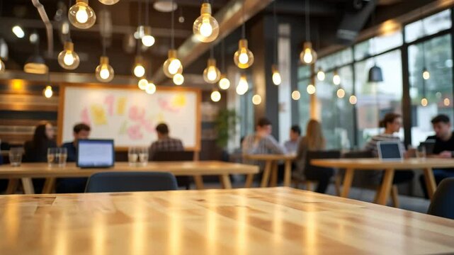 Laptop in focus on a wooden table with blurred creative people working on laptops in a coworking collaborative workspaces, space startup office