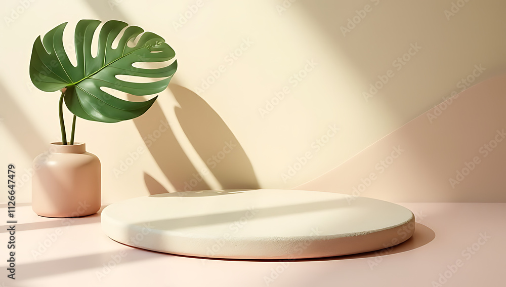 Poster A unique sandstone top product display platform features a delicate leaf in a tropical design on a soft pastel colored wall._00001_
