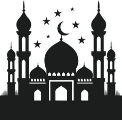 Islamic Mosque Silhouette Vector with Crescent Moon and Stars