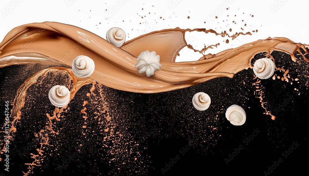 Poster brown cream coffee liquid swirl splash with tiny foundation bubbles isolated on clear background - a