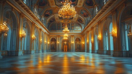 Grand ballroom with chandeliers, ornate details, and a vast, polished floor.