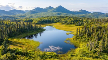 Obraz premium Serene Landscape of Lush Green Mountains Reflected in Tranquil Lake Surrounded by Dense Forest and Vibrant Natural Beauty under Blue Sky