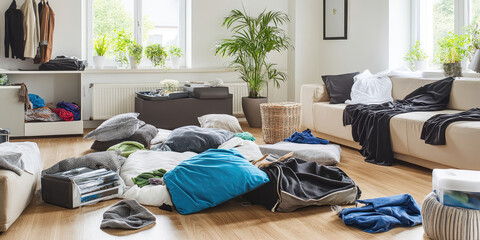 Living room interior with clutter. Scattered things, stains, cleaning service