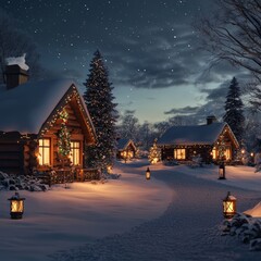 Fototapeta premium Winter wonderland scene featuring cozy cottages nighttime photography snowy landscape peaceful ambiance holiday cheer
