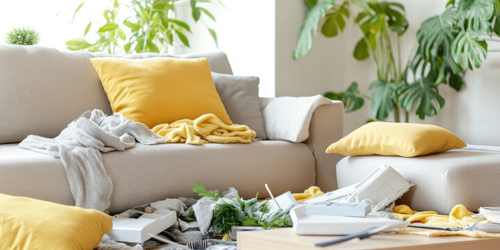 Living room interior with clutter. Scattered things, stains, cleaning service