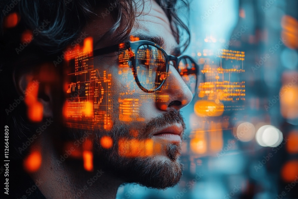 Poster a man with glasses is focused on financial charts illuminated by digital data visuals. he stands in 