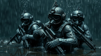 Naklejka premium Three special forces operatives, outfitted in black wetsuits and helmets, holding firearms, shown from the front as they dive underwater.