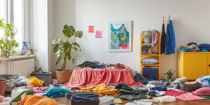 Living room interior with clutter. Scattered things, stains, cleaning service