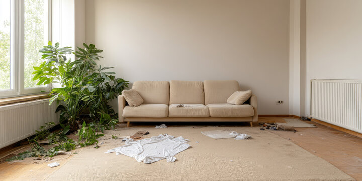Living room interior with clutter. Scattered things, stains, cleaning service - Powered by Adobe