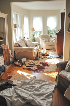 Living room interior with clutter. Scattered things, stains, cleaning service