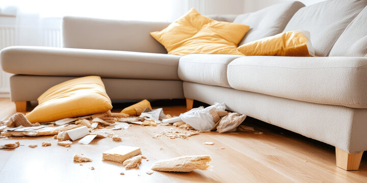 Living room interior with clutter. Scattered things, stains, cleaning service