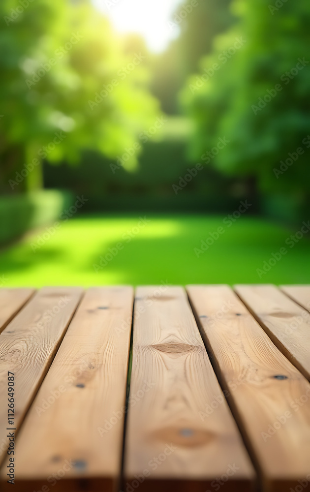 Poster a wood table top is in selective focus while the surrounding green garden is blurred in the backgrou