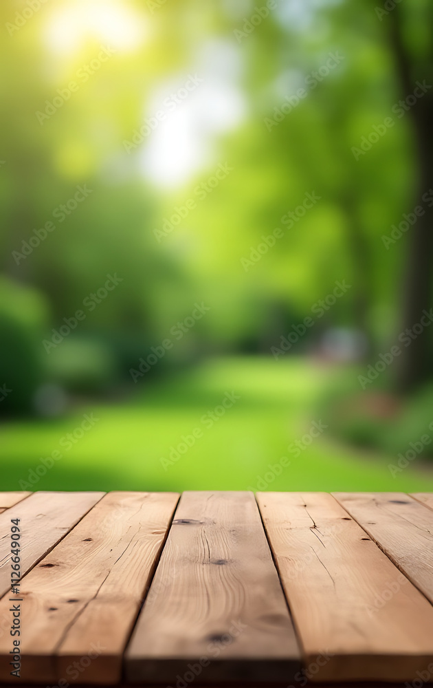 Poster a wood table top is in selective focus while the surrounding green garden is blurred in the backgrou