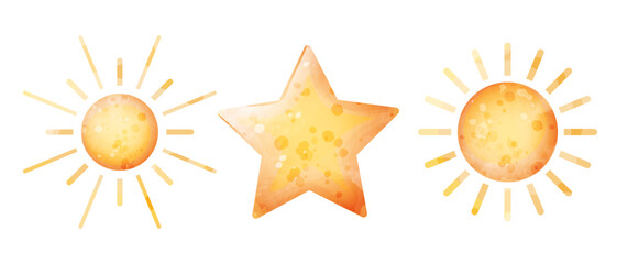 Sun and star. Vector watercolor stylized cute illustration of celestial bodies