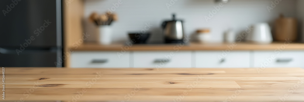 Poster a wood table top is positioned somewhat obscuring part of a blurred kitchen background with surround