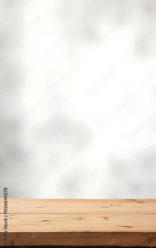 Poster a wood table top on a blurred white abstract background is suitable for a montage, product display, 