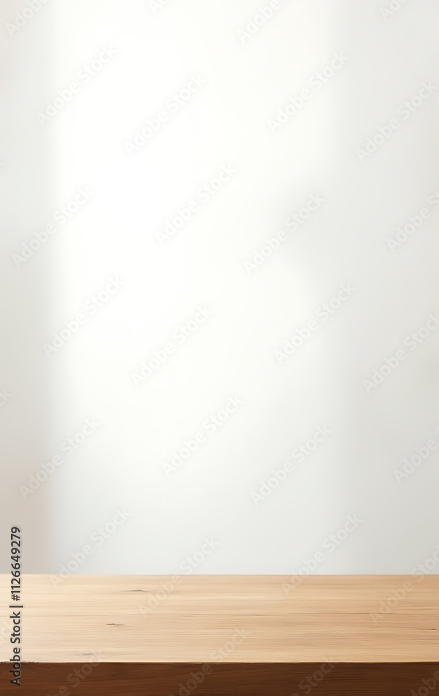 Poster a wood table top on a blurred white abstract background is suitable for a montage, product display, 