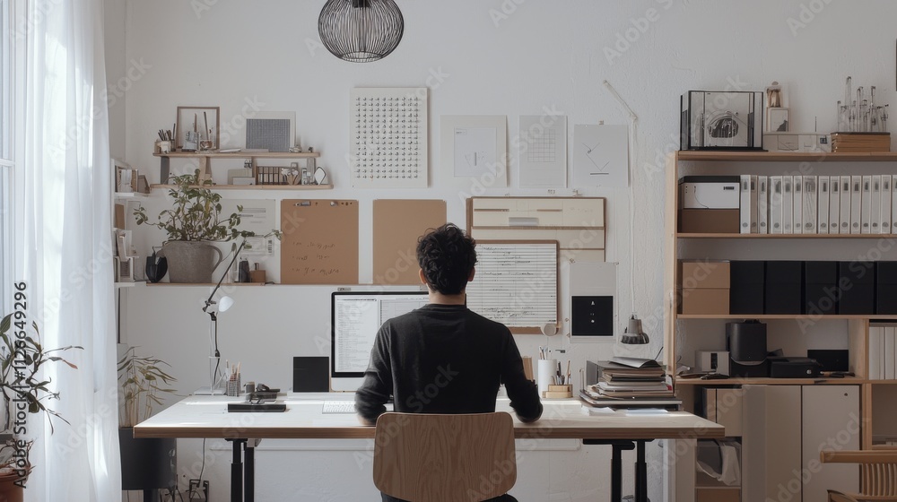 Poster minimalist workspace with man organizing documents and clean desk area for productive work environme