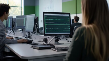 University students collaborating in a modern computer lab, developing voice recognition software with advanced audio wave analysis on monitors, using headphones and microphones.