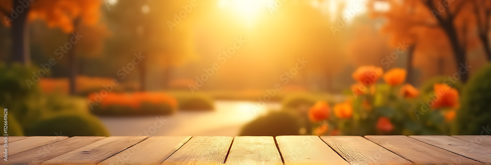 Poster a wooden table showcases a hazy orange garden scene on a serene morning with soft natural light filt