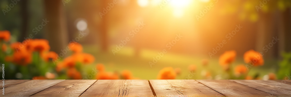 Poster a wooden table showcases a hazy orange garden scene on a serene morning with soft natural light filt
