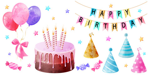 Set of elements for birthday party design. Vector watercolor illustrations