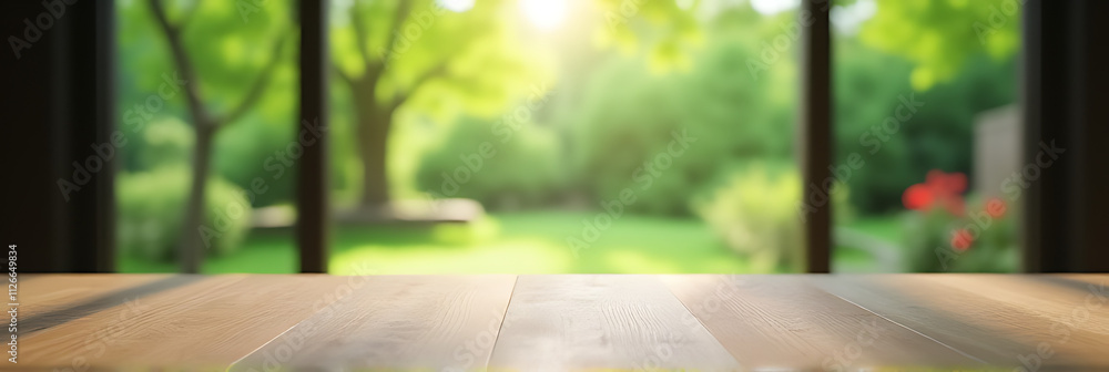 Poster a wooden table top in a room with an abstract view of a green garden outside through a window._00001