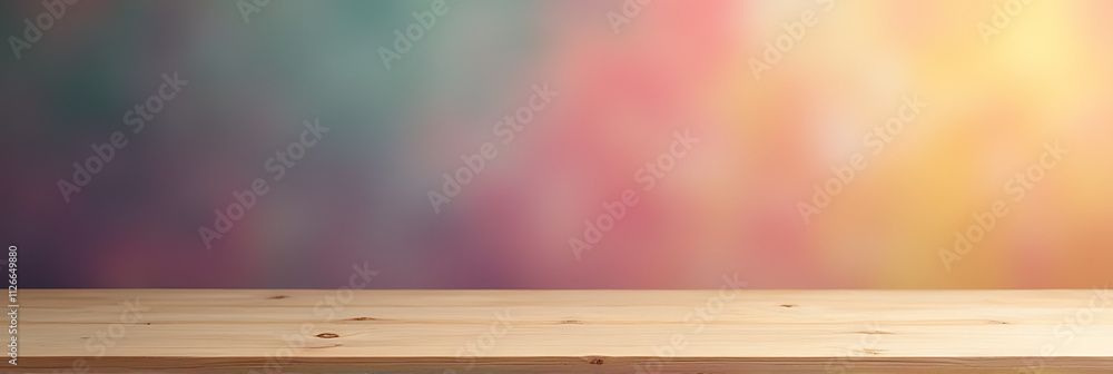 Poster a wooden table top is placed against a colorful background with a simple and elegant design._00001_