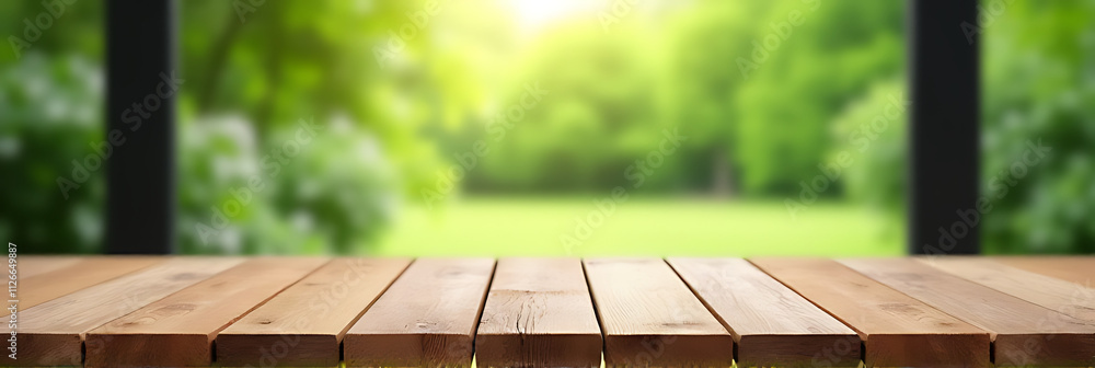 Poster a wooden table top in a room with an abstract view of a green garden outside through a window._00002
