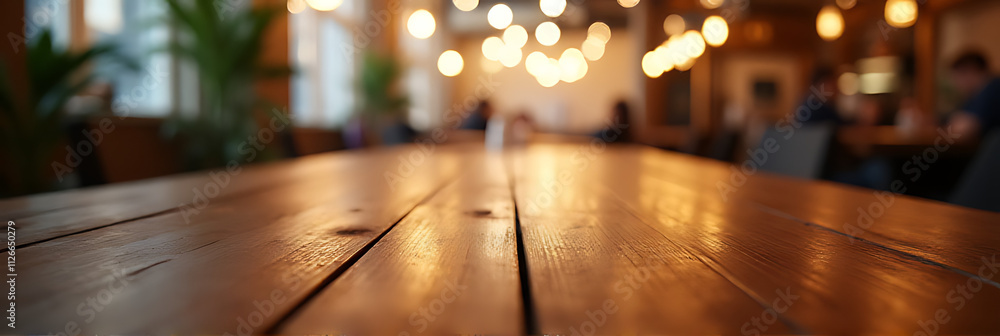 Poster a wooden table with a blurred light effect provides an artistic backdrop for cafes and restaurants w