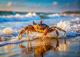 Fototapeta premium Crab Sea Escape: Candid Ocean Wildlife Photography, Coastal Creature Freedom, Shellfish Release, Beach Animal Photo