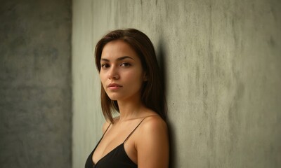 Naklejka premium Woman model with long hair stands on concrete wall background