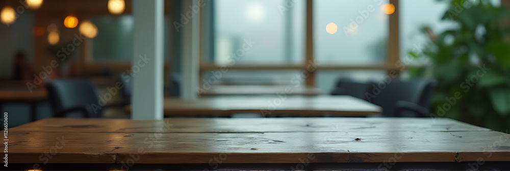 Poster A worn wooden table sits in a blurred, abstract view of a room through a steamed up window with glass reflections._00002_