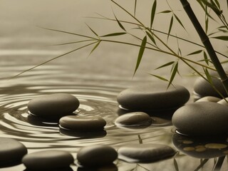 Gentle water and stones scene with bamboo and light.