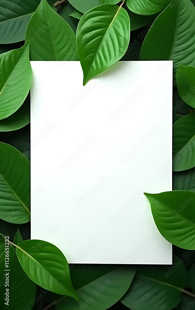 Poster Background design features a white paper flat lay with top view of a single leaf on a naturalistic green leaves background._00001_