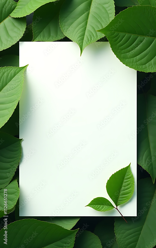 Aufkleber Background design features a white paper flat lay with top view of a single leaf on a naturalistic green leaves background._00002_