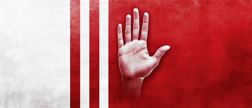 Dramatic hand gesture symbolizing stop urban setting graphic art bold colors close-up awareness campaign