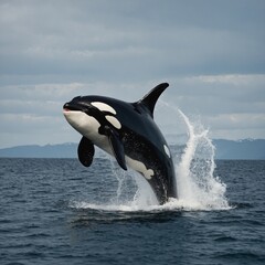 Naklejka premium A graceful orca breaching the ocean's surface.